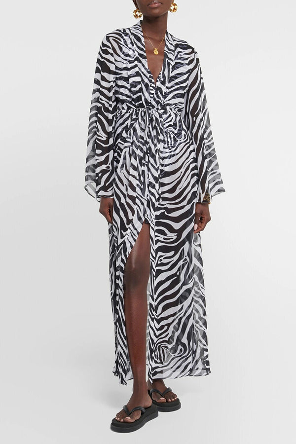 Marsie Zebra-print Elastic Drawstring Waist Long Bell Sleeve Cover-up Kimono Black ONE-SIZE