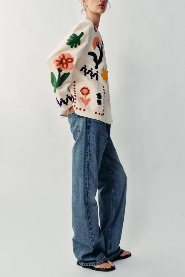 Boho 3D Floral Embroidered Round‑Neck Jacket