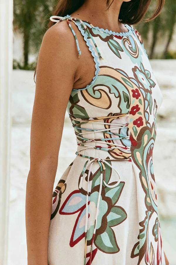 Unique Botanical Print Serrated Trim Round Neck Sleeveless Tie Casual Maxi Dress
