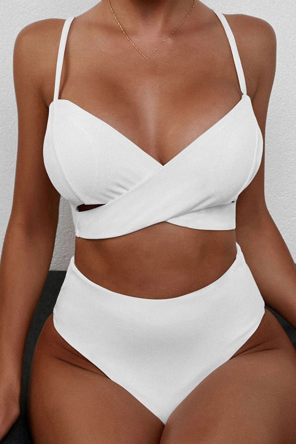 Pit Strip Solid Color Crossover High Waist Bikini White