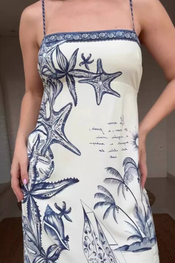 Ocean Print Cami Back‑Tie Slit Vacation Maxi Dress