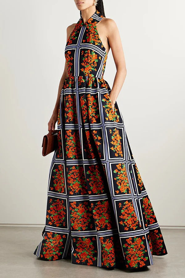 Floral Print Sexy Halter Neck Backless Elegant Maxi Dress