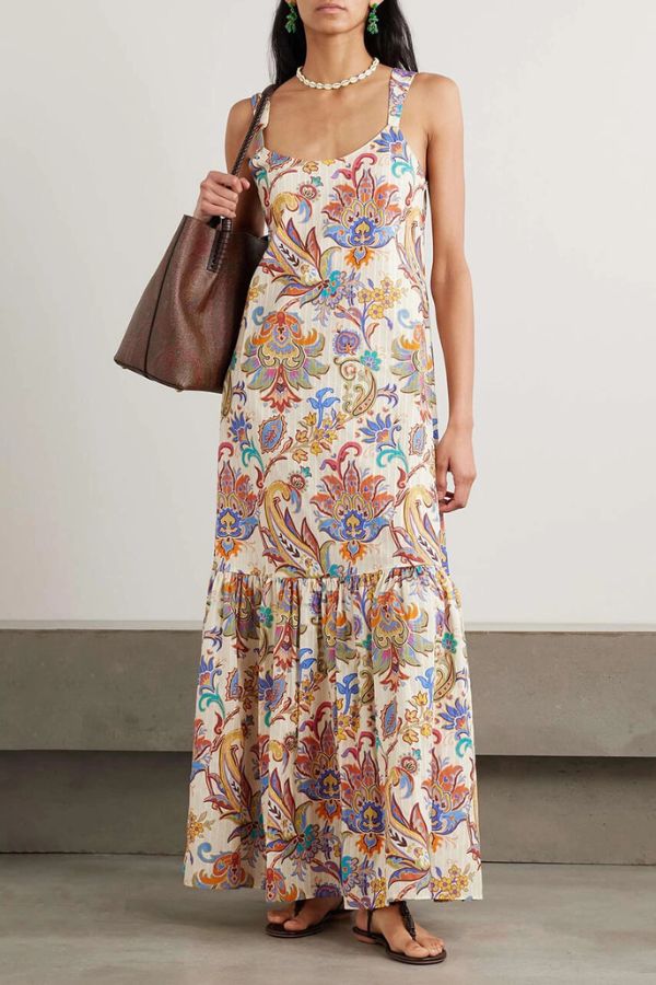 Unique Ruched Layered Paisley Print Maxi Dress