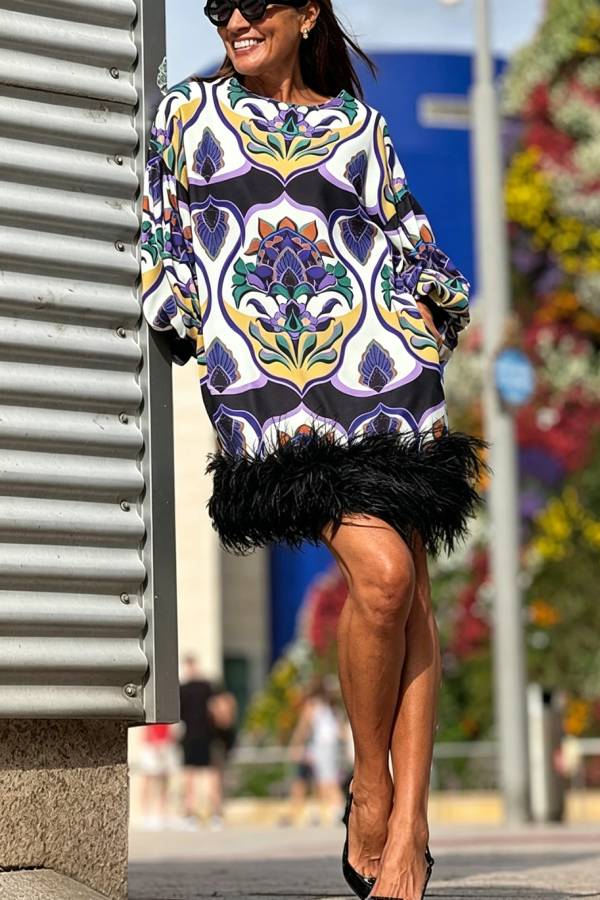 Make A Statement Unique Print Balloon Sleeve Pocket Feather Trim Mini Dress