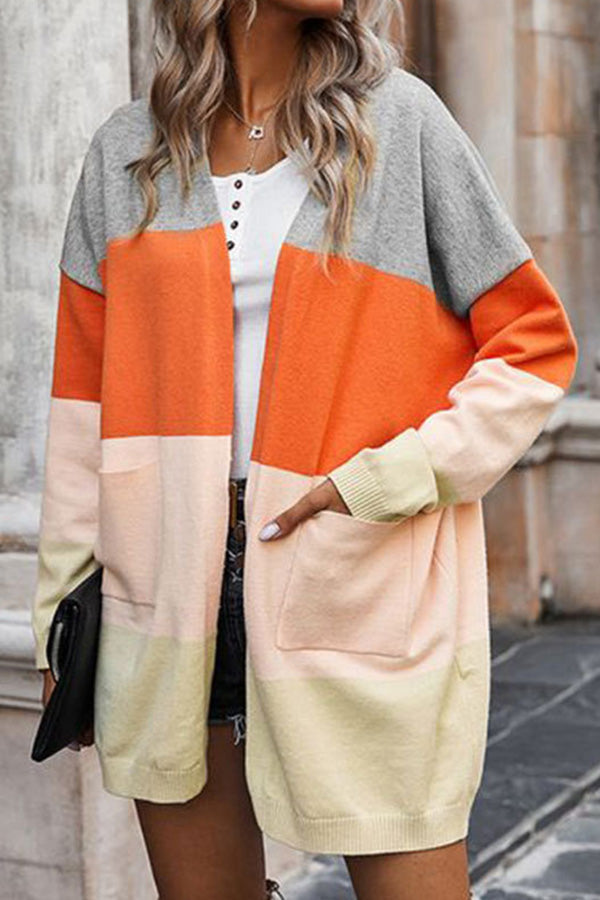 Contrasting rainbow paneled striped long cardigan sweater with pockets Grey