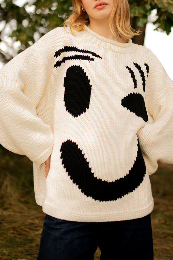 FEEL GOOD KNIT COLORFUL SMILEY FACE LOOSE PULLOVER SWEATER White