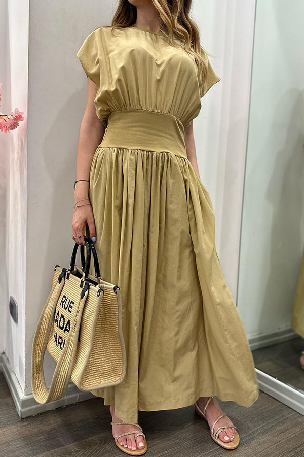 MAKE A LIST ELASTIC WAIST POCKETED RELAXED MIDI DRESS KHAKi