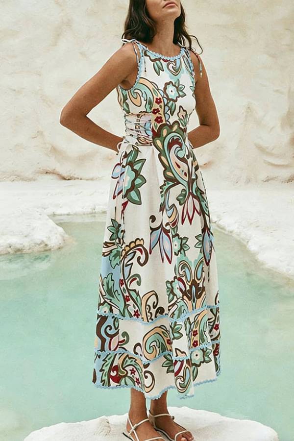 Unique Botanical Print Serrated Trim Round Neck Sleeveless Tie Casual Maxi Dress