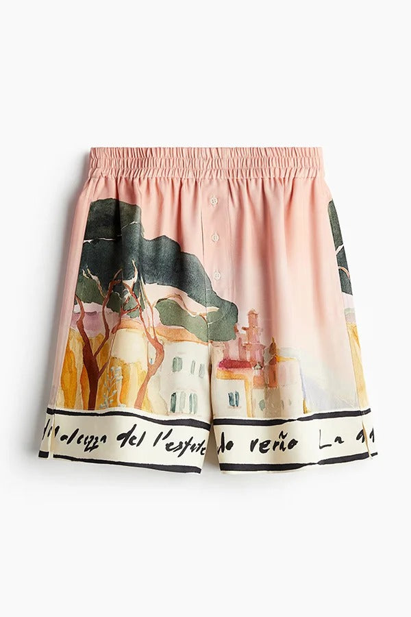 Unique Print Lapel Long Sleeve Loose Shirt and Elastic Waist Casual Pocket Shorts Set