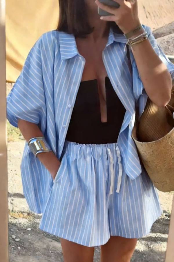 Multi-Color Striped Oversized Shirt and Shorts Set