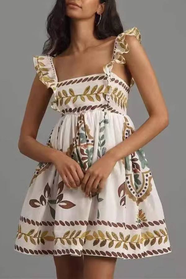 Vintage Botanical Print Ruffle Strap Mini Dress