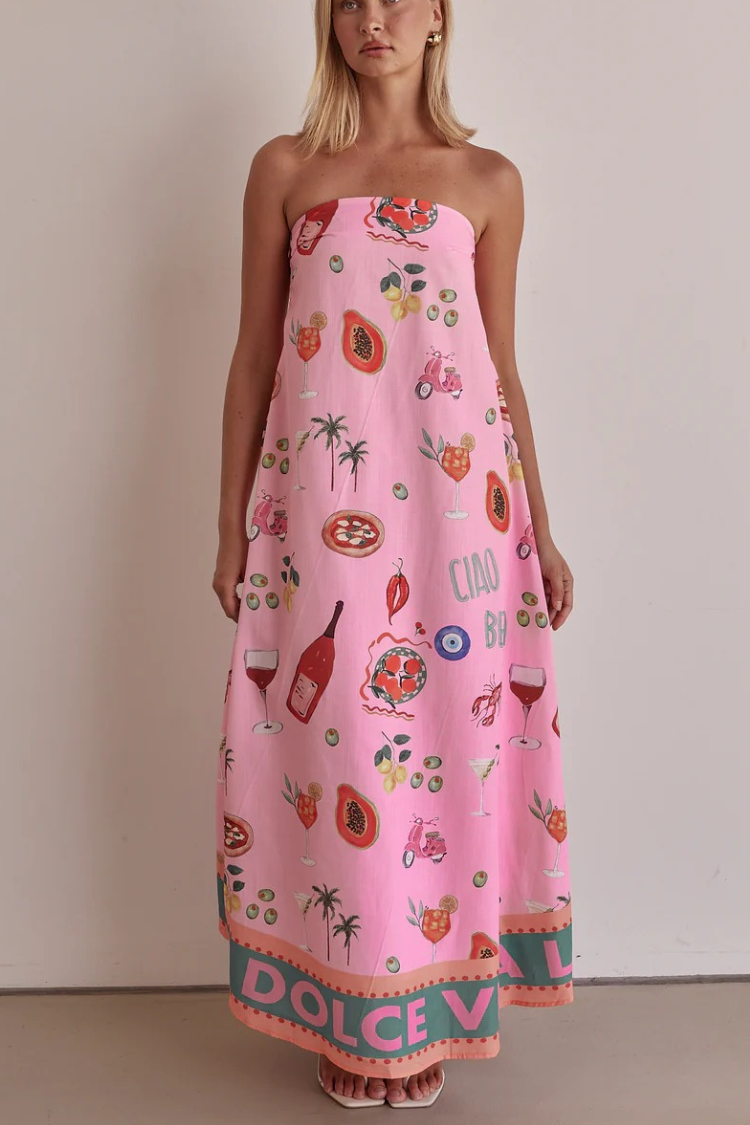Feeling Fun Linen Blend Unique Print Off Shoulder Loose Maxi Dress Pink