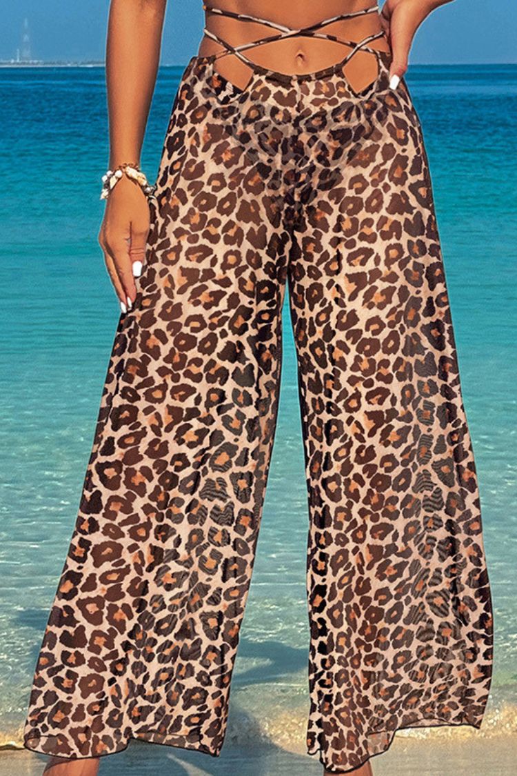 Mesh Loose Elastic Wide-Leg Pants Leopard Print