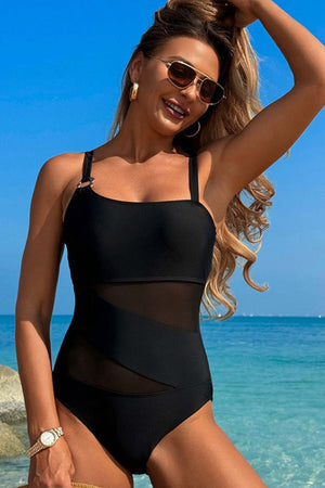 One-piece mixed fabric patchwork swimsuit