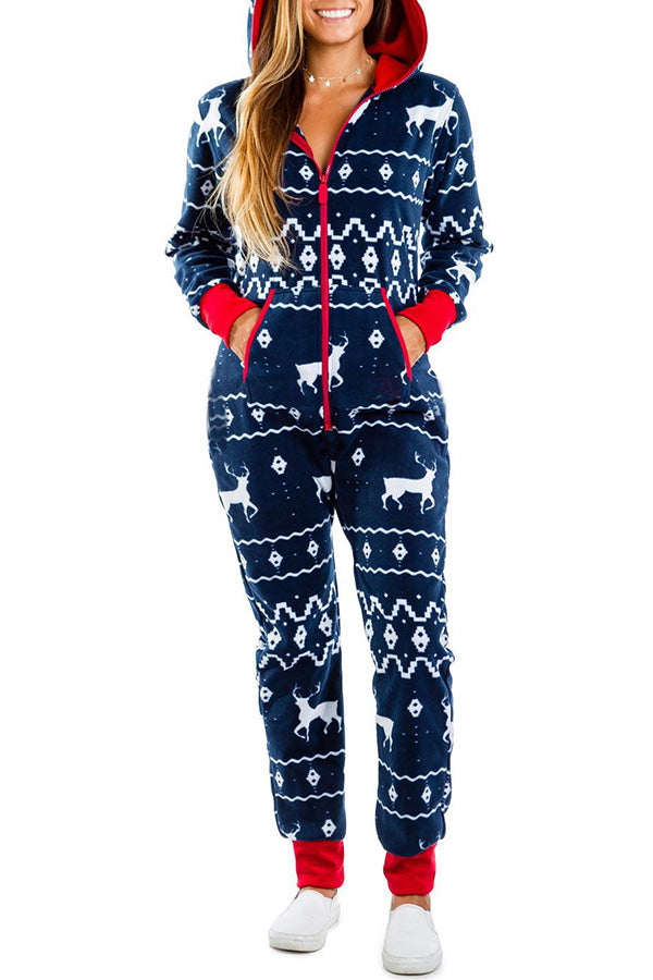 Christmas Print Zipper Pocketed Hooded Loungewear Jumpsuit 12