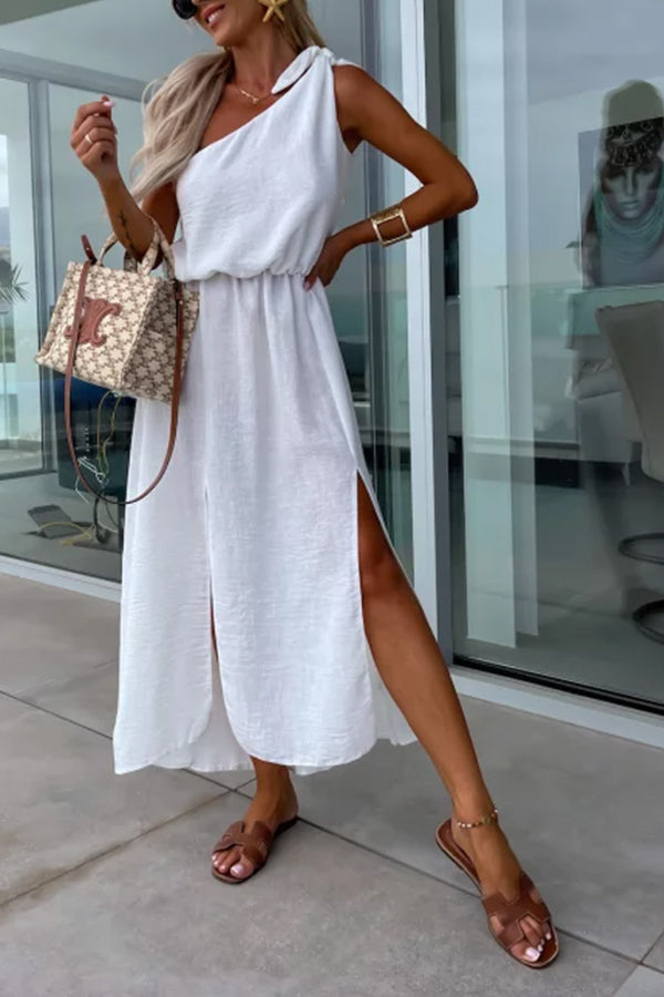 Bayside Beauty One Shoulder Slit Relaxed Midi Dress White