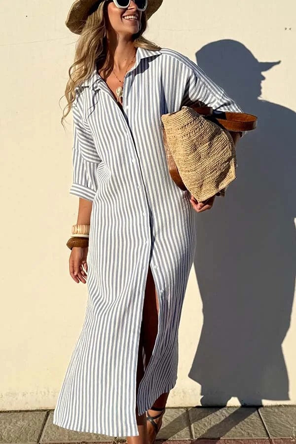 Robe chemise mi-longue boutonnée à rayures et manches mi-longues avec ceinture et poche