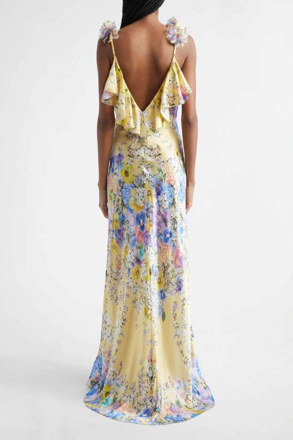 3D Floral Strap Satin Floral Maxi Dress