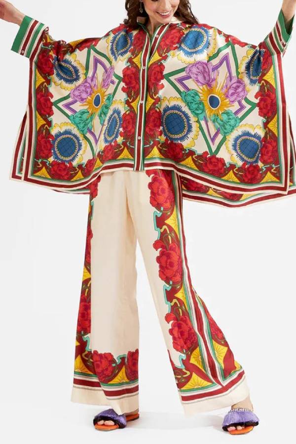Fine Satin Floral Print Batwing Sleeve Pants Set - Red flowers Red One Size