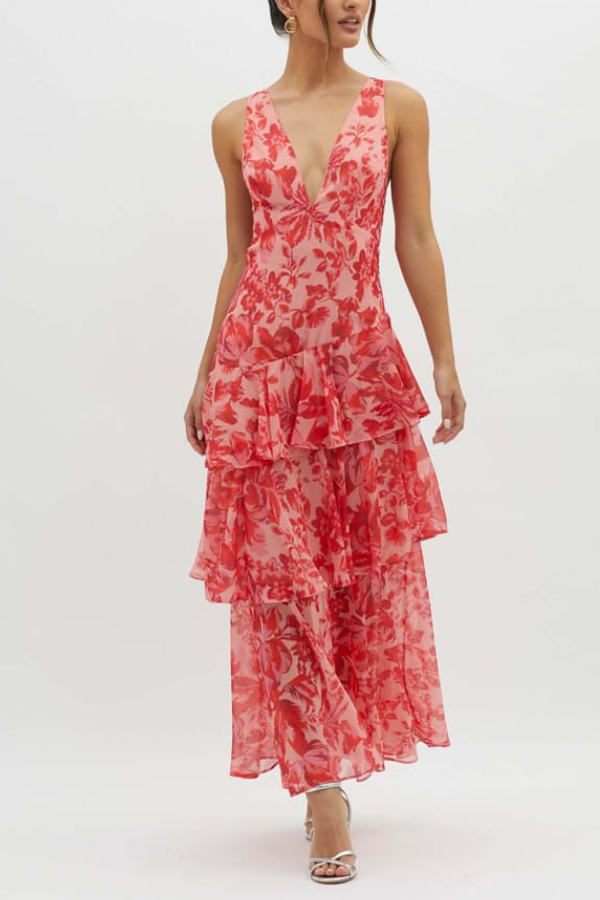 Strappy Back Ruffle Maxi Dress Red