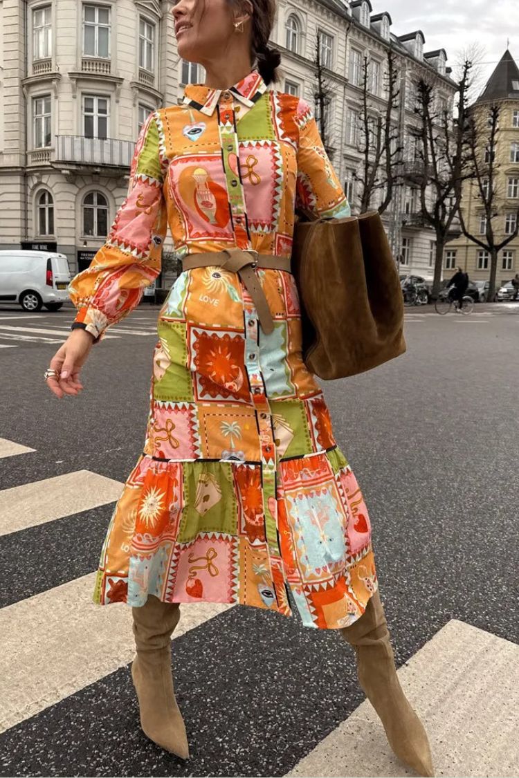 Linen Blend Unique Printed Long Sleeve Lapel Tie-waist Midi Dress