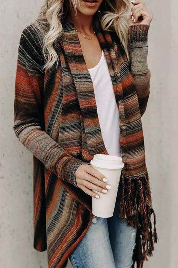 COZY UP TASSEL SWEATER COAT - 5 COLORS Orange-stripe