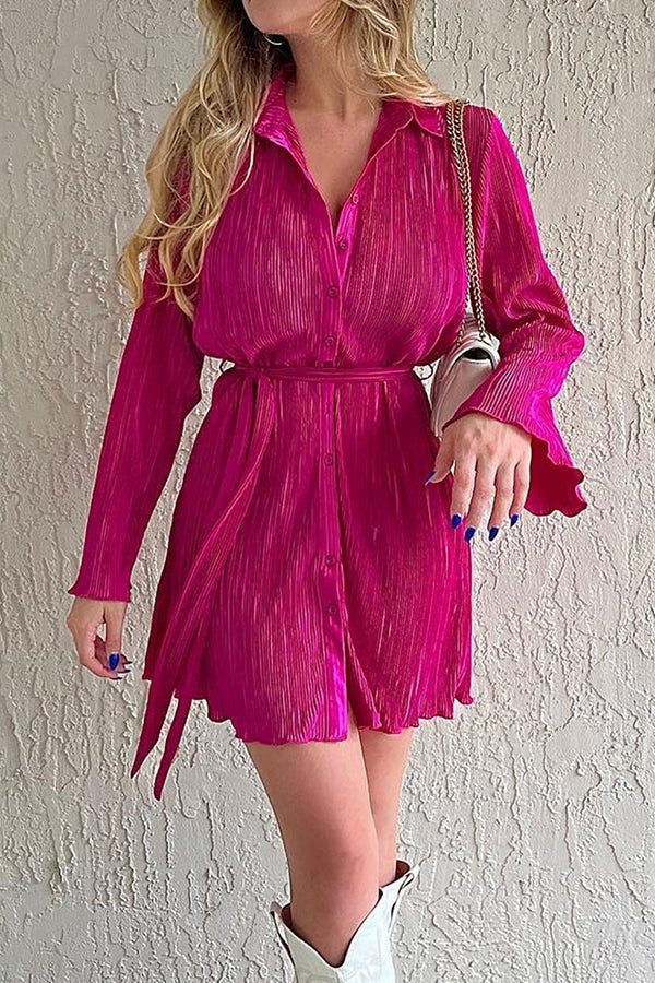 Floral print lace-up lapel cardigan long-sleeve dress Pink