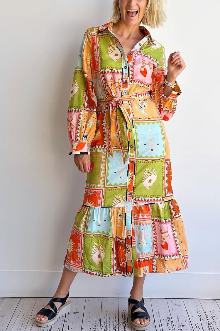 Linen Blend Unique Printed Long Sleeve Lapel Tie-waist Midi Dress Multicolor