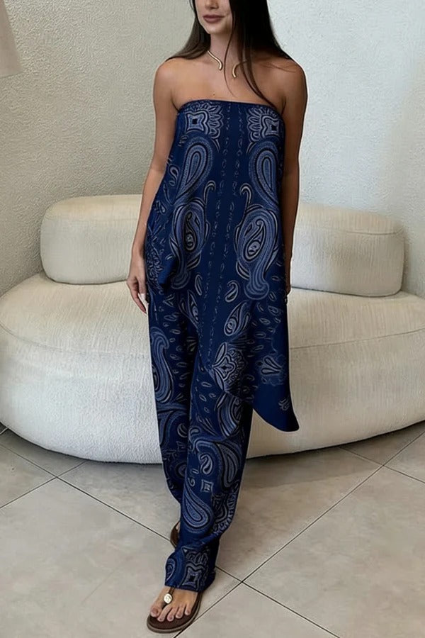 Unique Printed Sleeveless Off-shoulder Top and Elastic Waist Casual Straight Leg Pants Set