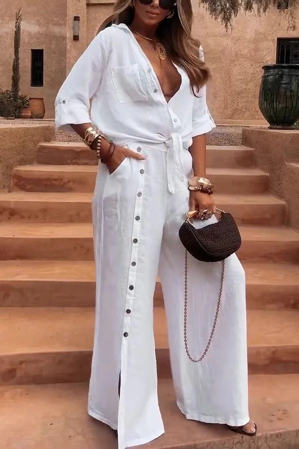 Solid Color Lapel Casual Button-down Shirt and Loose Pocket Slit Wide-leg Pants Set