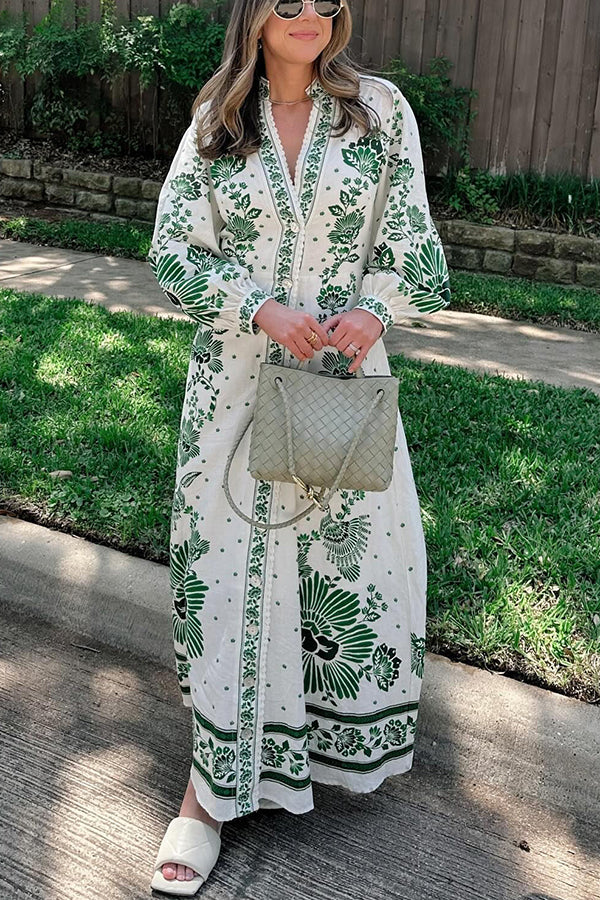Unique Print Button Down Long Sleeve Shirt Maxi Dress Green