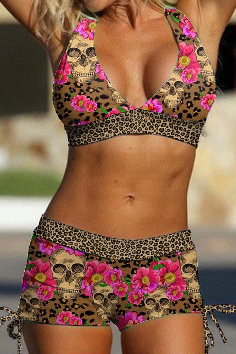 Pink Leopard Drawstring Side Two Piece Swimwear Pink