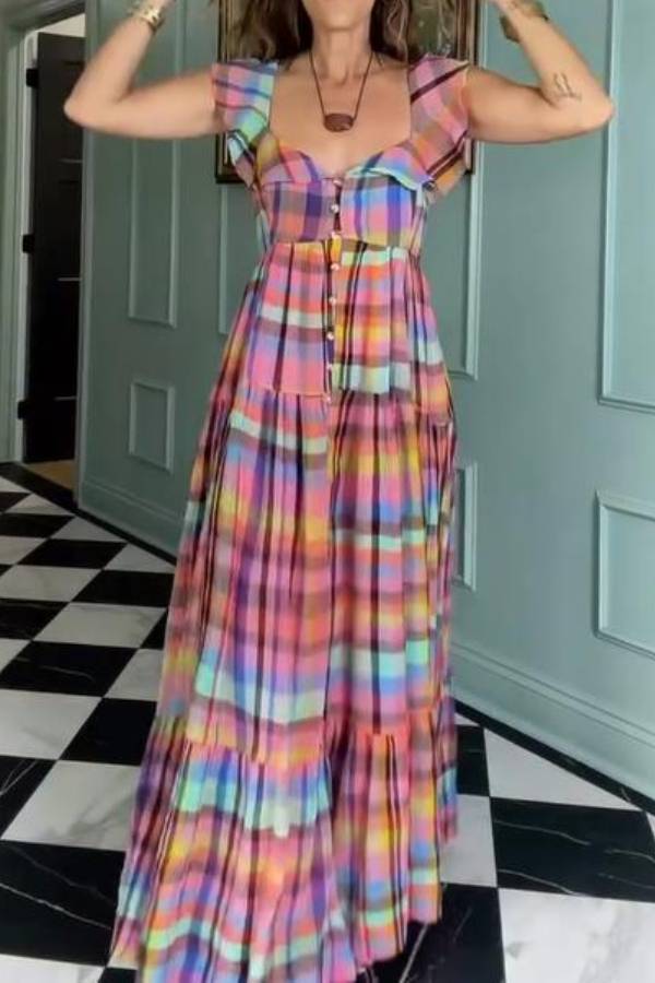 Rainbow Plaid Square-Neck Ruffle Tiered Maxi Dress