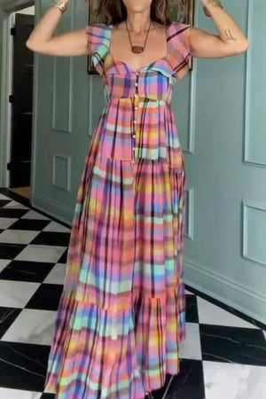 Rainbow Plaid Square-Neck Ruffle Tiered Maxi Dress