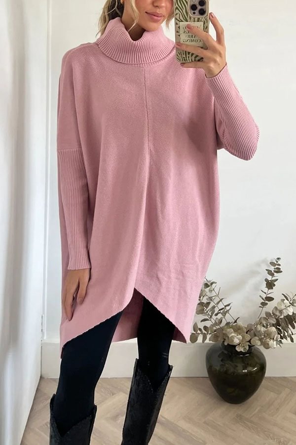 Perfect Winter Walks Knit Turtleneck High-low Hem Loose Midi Sweater Pink