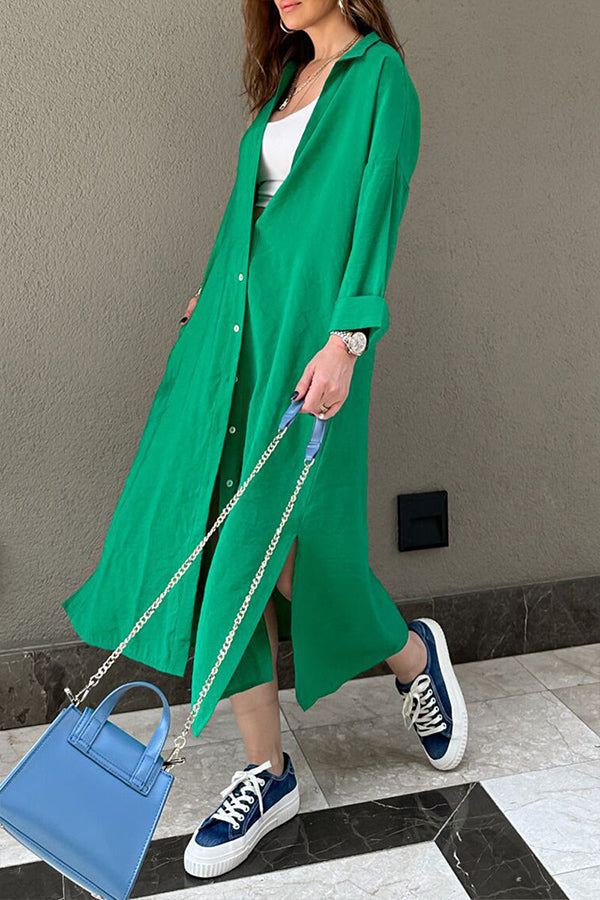 Casual Solid Buckle POLO collar Shirt Dress Dresses Green