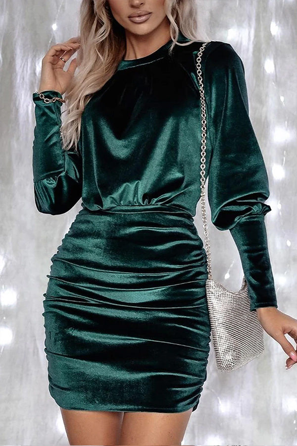 Green Velvet Puff Sleeve Ruched Bodycon Dress Green