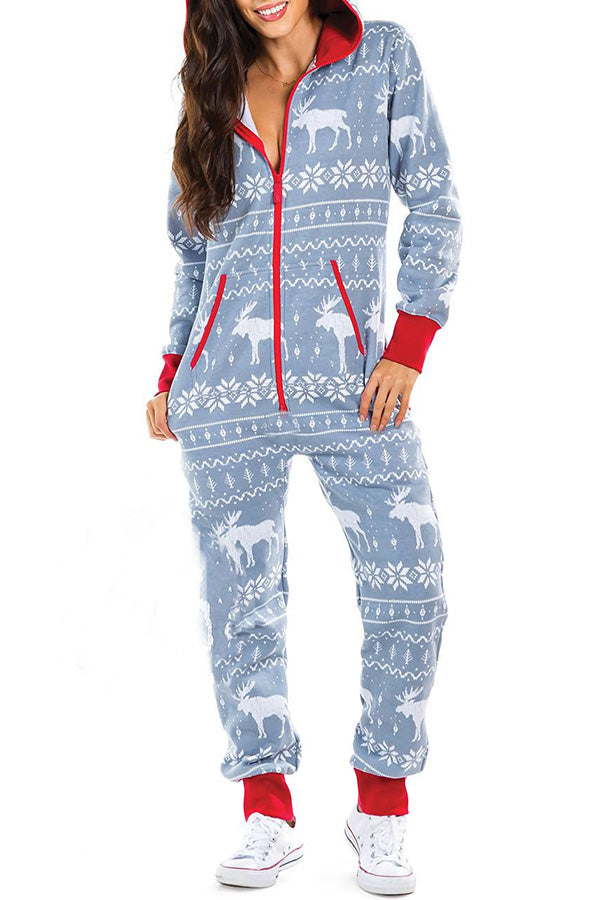 Christmas Print Zipper Pocketed Hooded Loungewear Jumpsuit 10