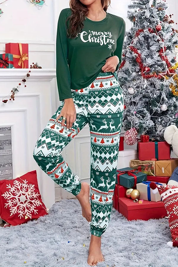 Christmas Is Calling Printed Elastic Waist Lounge Jogger Pajama Set Green