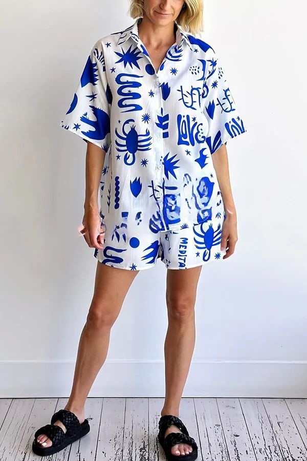 Unique Print Short Sleeve Top and Elastic Waist Loose Shorts Set Blue