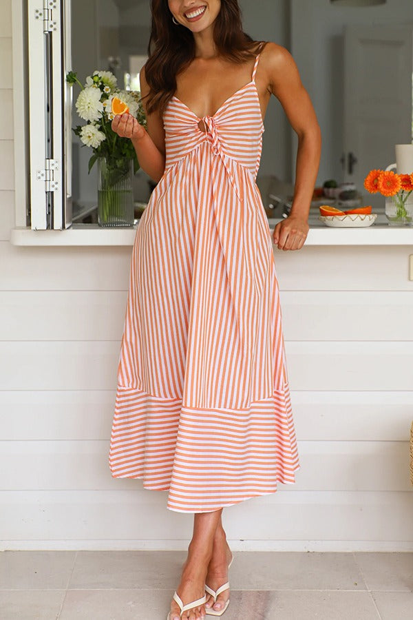 Striped Print Suspenders Gathered Lace-up Loose Midi Dress Pink