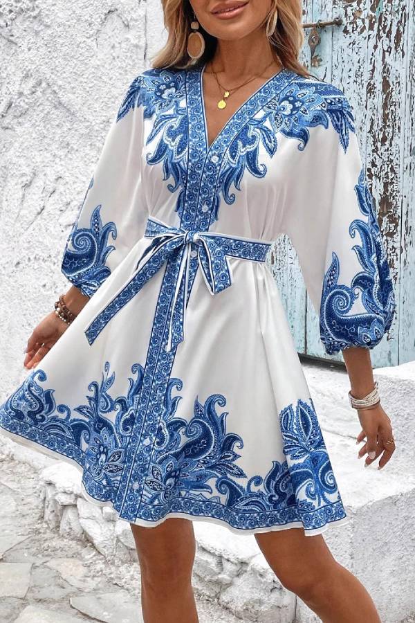 Retro print V-neck tie dress