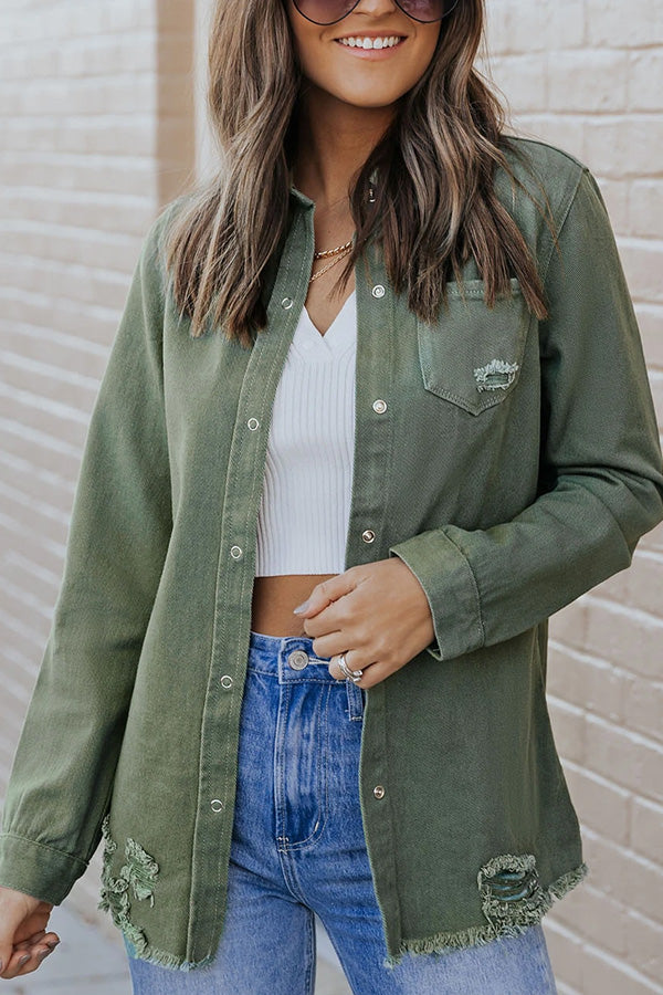 Casual Ripped Raw Hem Button Up Denim Shacket Green