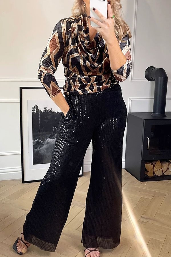 Be The Show Star Sequin Elastic Waist Pocketed Flare Pants