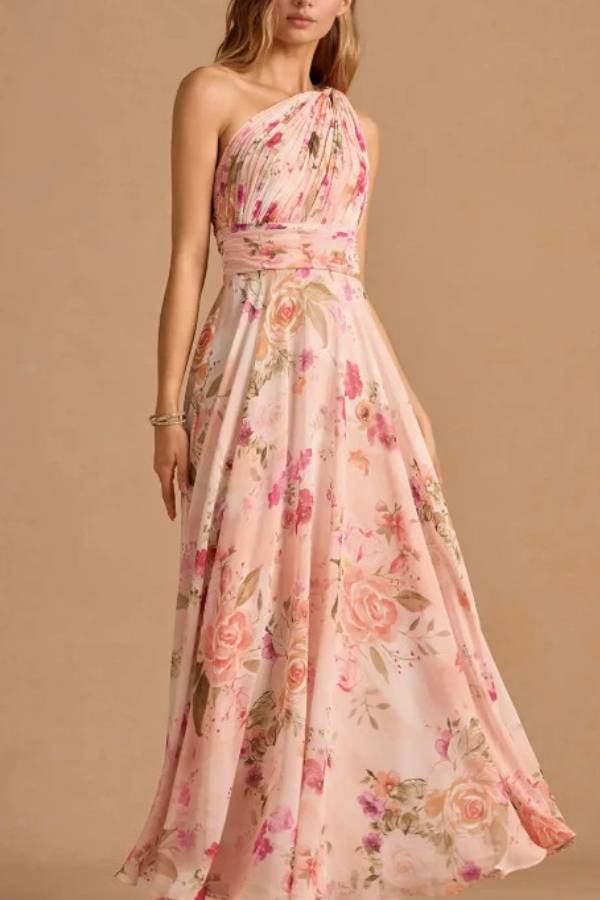 One Shoulder Pleated Watercolor Floral Chiffon Maxi Bridesmaid Dress