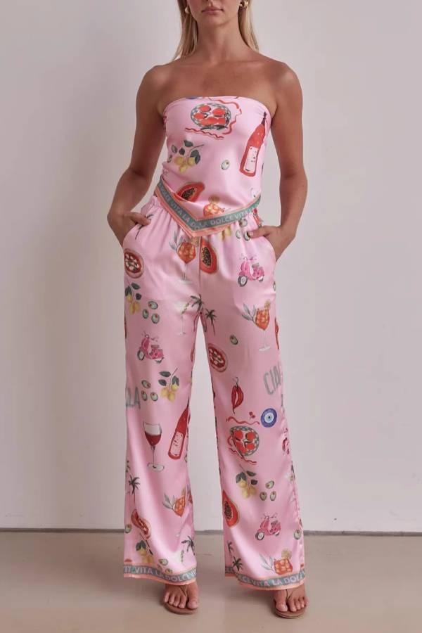 Vacation-Style Printed Satin Strapless Top + High-Waisted Wide-Leg Pants Set