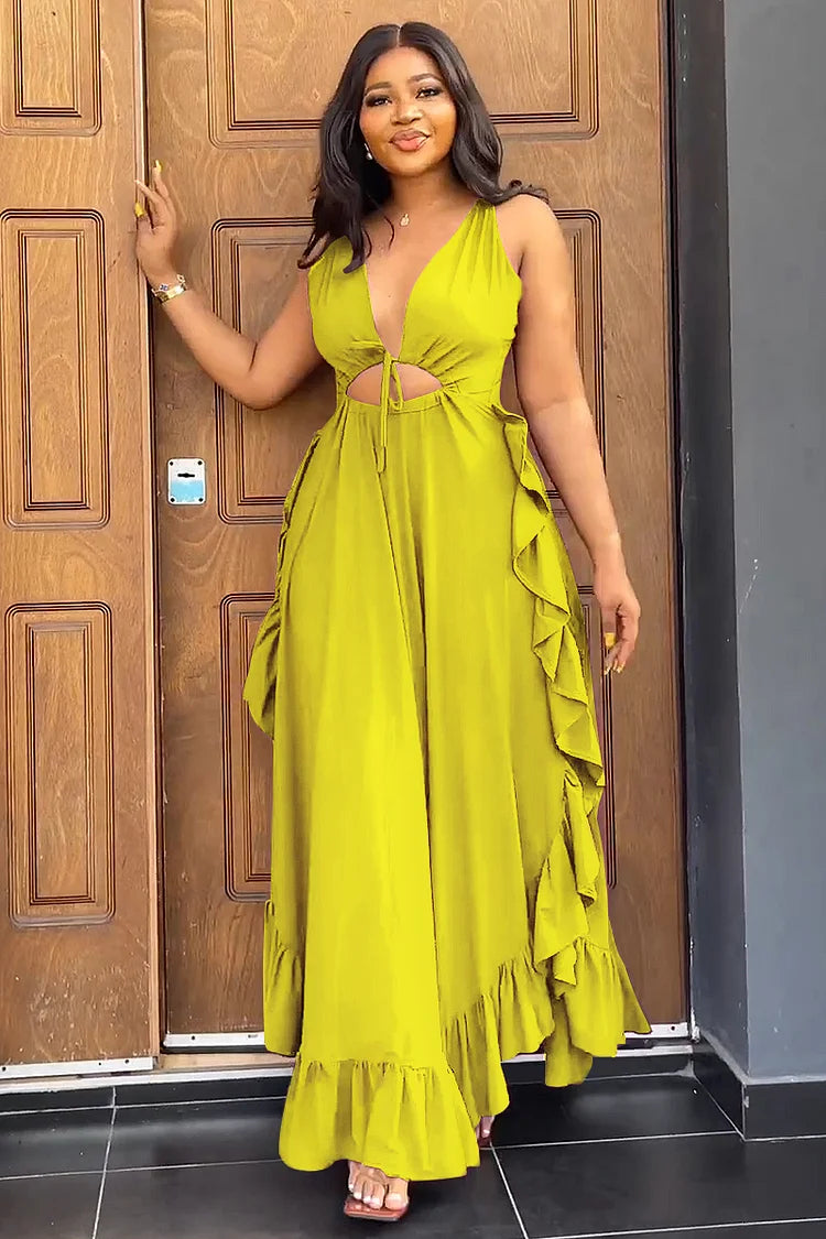DEEP V NECK CAMI ASYMMETRIC RUFFLED A-LINE VACATION MAXI DRESS Yellow