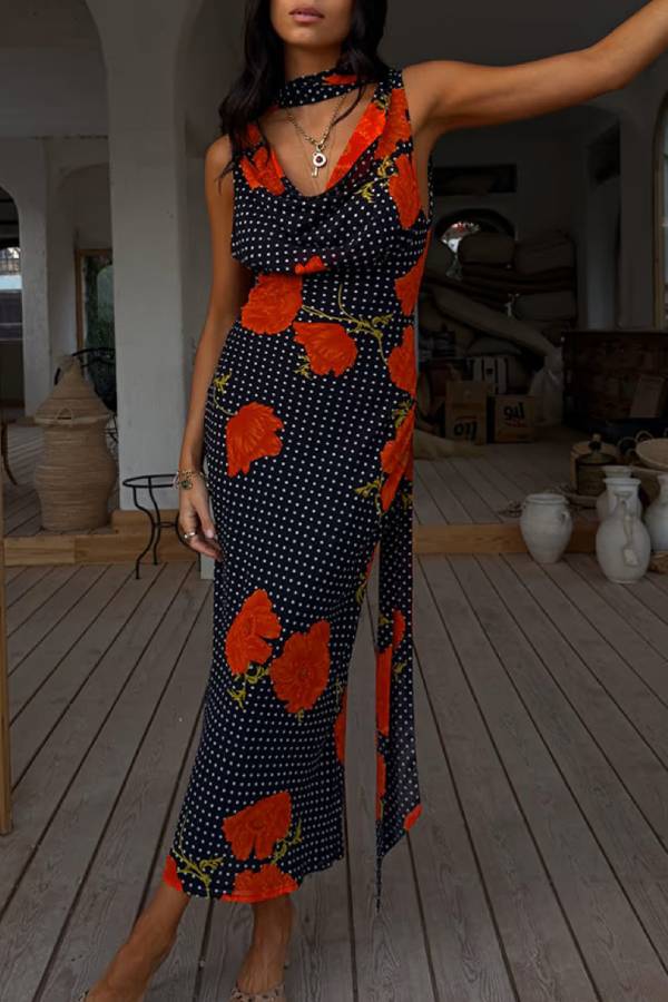 Vintage Print Cowl Neck Sleeveless Maxi Dress