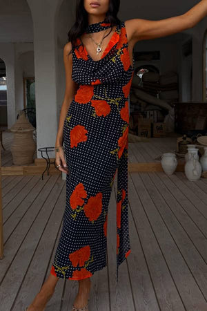Vintage Print Cowl Neck Sleeveless Maxi Dress