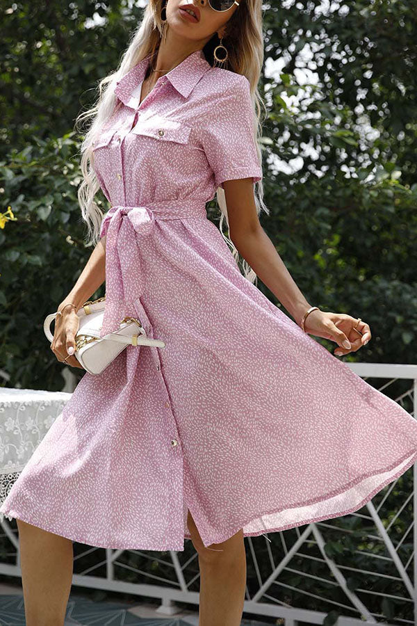 Floral Print Button Short Sleeve Dress Pink